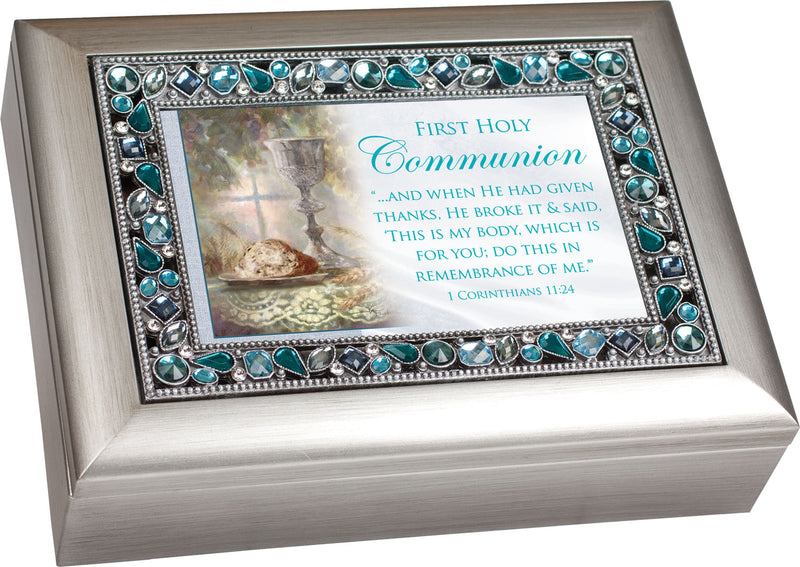 Cottage Garden First Holy Communion Brushed Silver Finish Jeweled Lid Jewelry Music Box Plays Tune Ave Maria