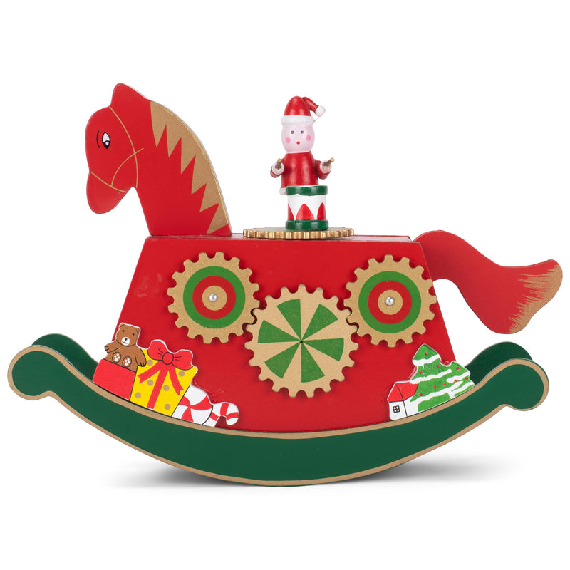 Cottage Garden Rocking Horse Gears Red 9 inch Wood Musical Holiday Figurine Plays We With You A Merry Christmas