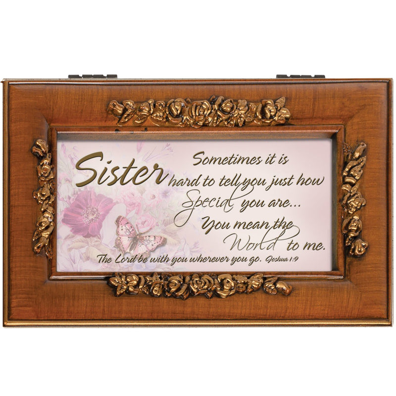 Cottage Garden Sister You Mean The World to Me Woodgrain Embossed Jewelry Music Box Plays Amazing Grace