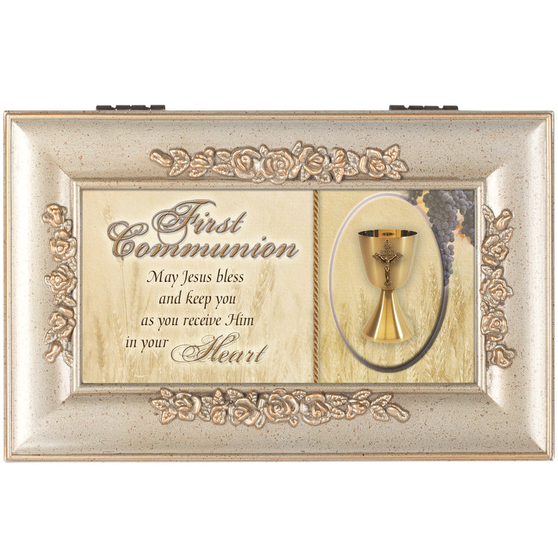 First Communion Petite Rose Music Box Plays How Great Thou Art