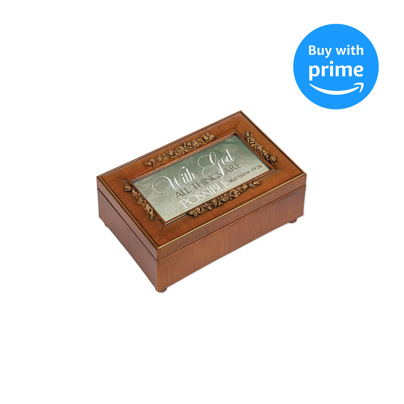 Cottage Garden with God All Things are Possible Woodgrain Embossed Jewelry Music Box Plays Amazing Grace