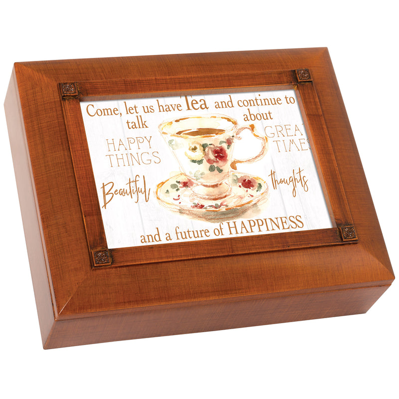 Let Us Have Tea Talk Happy Times Woodgrain Embossed Tea Storage Jewelry Box