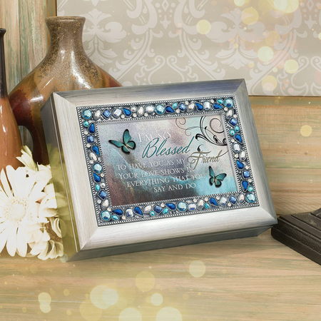 "Blessed to have you as my friend" Silvertone jeweled music box with butterflies displayed in home