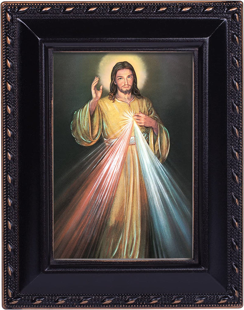 Cottage Garden Divine Mercy Painting of Jesus Black Rope Trim 2 x 3 Tiny Frame with Magnet and Easel