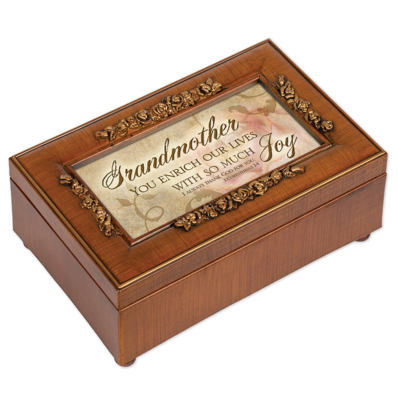 Cottage Garden Grandmother Our Lives Much Joy Woodgrain Embossed Jewelry Music Box Plays How Great Thou Art