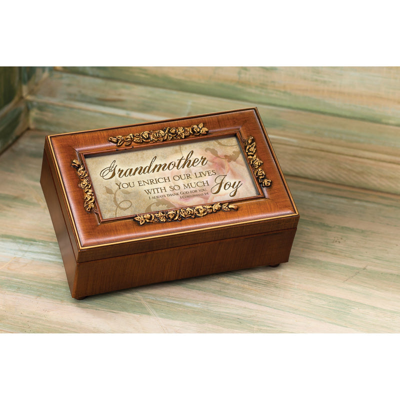 Cottage Garden Grandmother Our Lives Much Joy Woodgrain Embossed Jewelry Music Box Plays How Great Thou Art