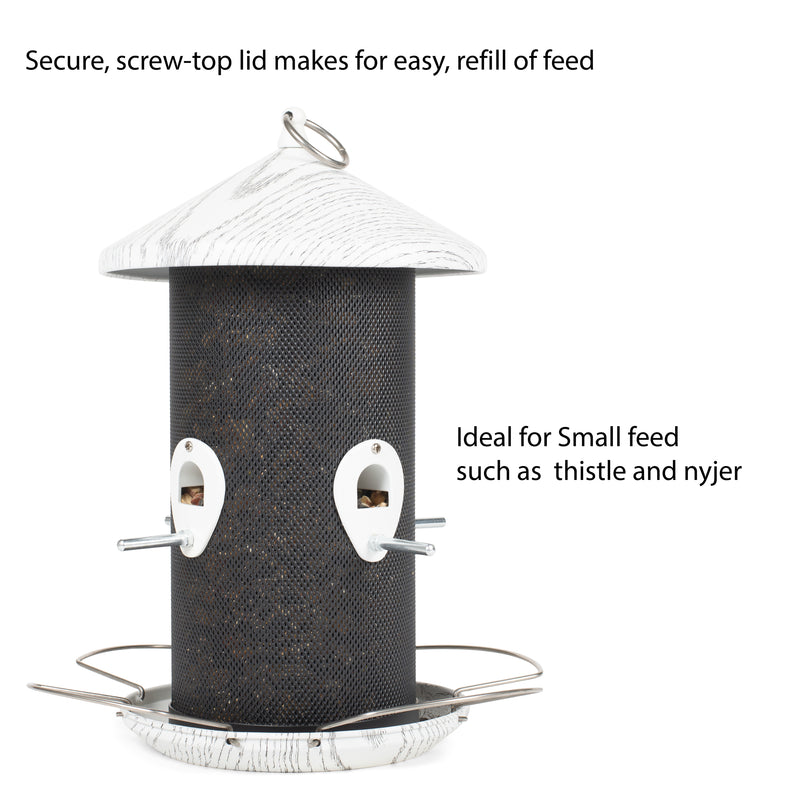 12 inch Whitewashed Woodgrain Finish Mesh Metal Triple Bird Feeder