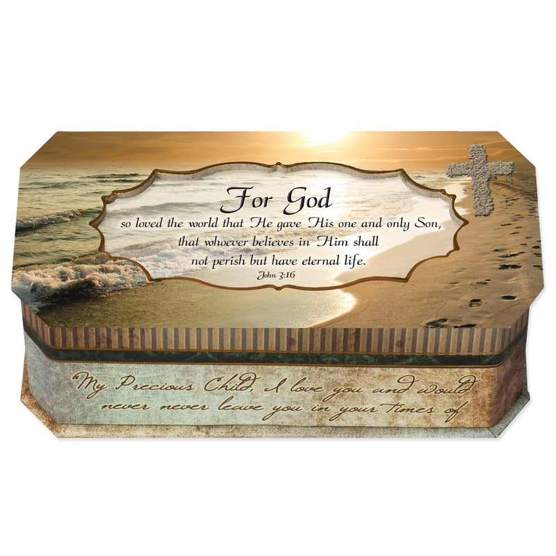 Cottage Garden John 3:16 for God So Loved The World Footprints in The Sand Design Jewelry Music Box - Plays Song Amazing Grace