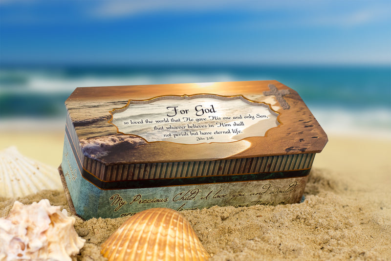 Cottage Garden John 3:16 for God So Loved The World Footprints in The Sand Design Jewelry Music Box - Plays Song Amazing Grace