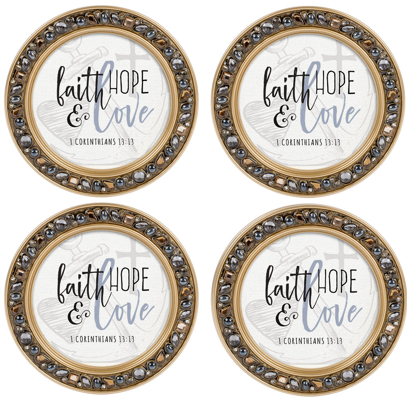 Faith Hope & Love Amber Goldtone 4.5 Inch Jeweled Coaster Set of 4