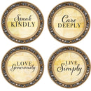 Care Love Live Kindly Amber Goldtone 4.5 Inch Jeweled Coaster Set of 4