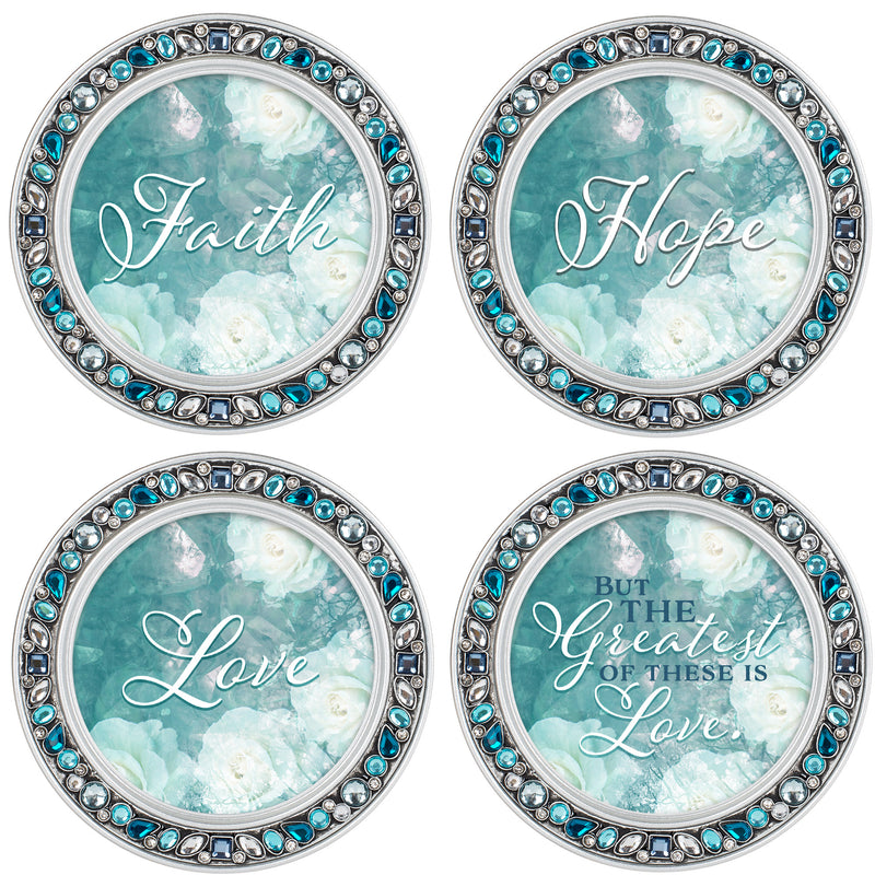 The Greatest of These is Love Aqua 4.5 Inch Jeweled Coaster Set of 4