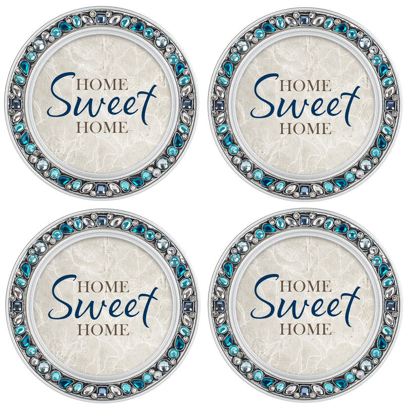 Home Sweet Home Aqua Silvertone 4.5 Inch Jeweled Coaster Set of 4