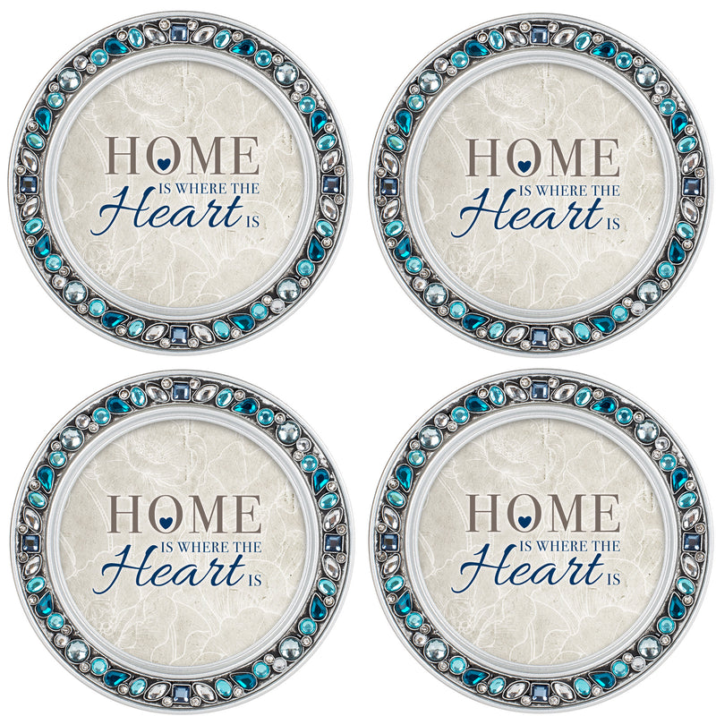 Home is Where the Heart Is Aqua 4.5 Inch Jeweled Coaster Set of 4