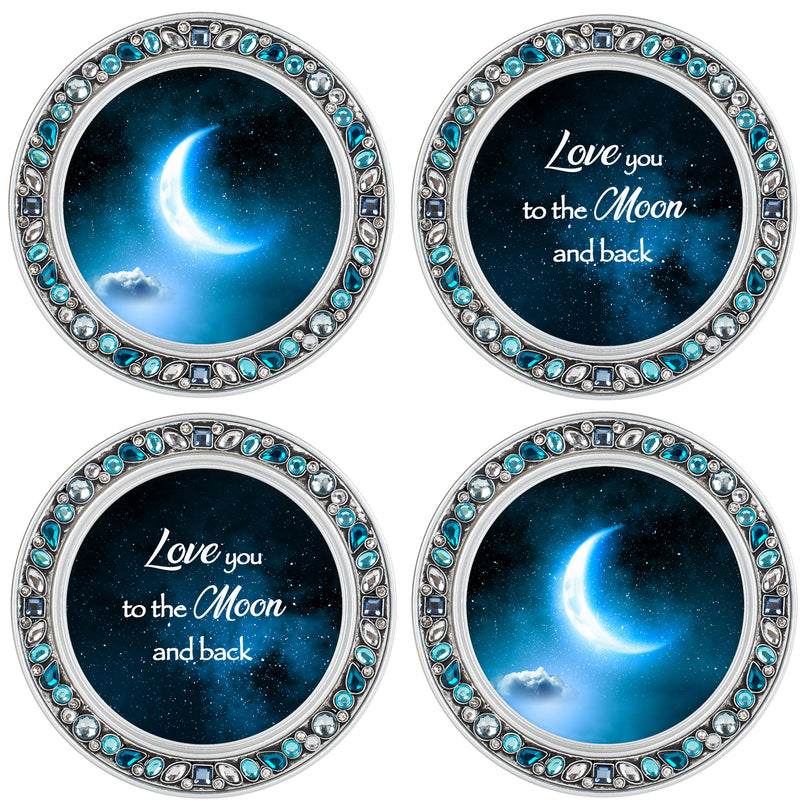 Love You to the Moon Aqua Silvertone 4.5 Inch Jeweled Coaster Set of 4