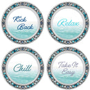 Kick Back and Chill Aqua Silvertone 4.5 Inch Jeweled Coaster Set of 4