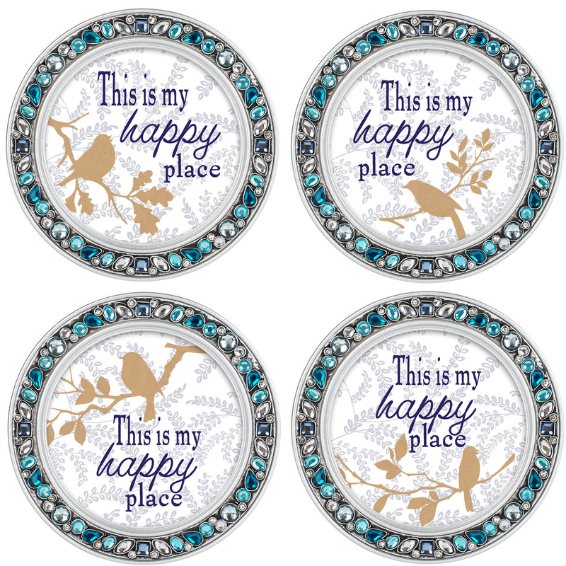 My Happy Place Aqua Silvertone 4.5 Inch Jeweled Coaster Set of 4