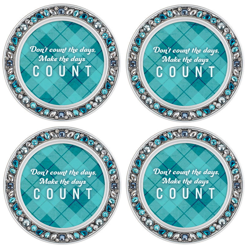 Gather Here Aqua Silvertone 4.5 Inch Jeweled Coaster Set of 4