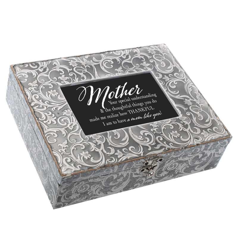 Mother Thankful For You Embossed Grey Filigree Music Box Plays Wind Beneath My Wings