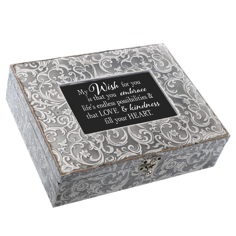 My Wish For You Love Embossed Grey Filigree Music Box Plays What a Wonderful World