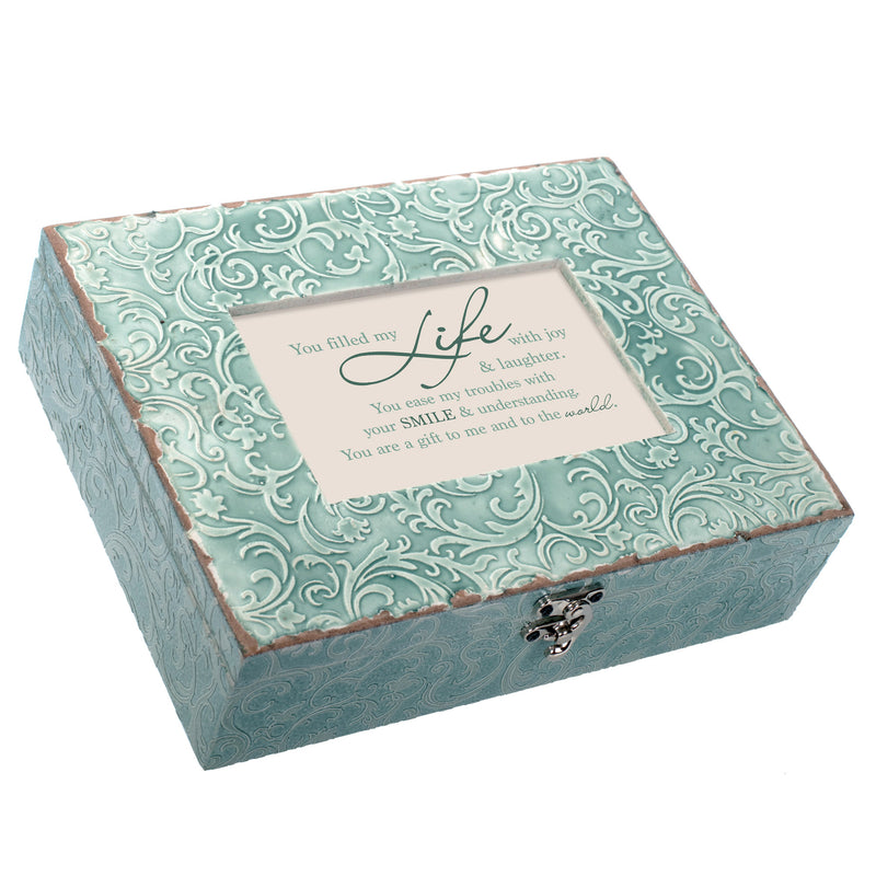 You Fill My Life With Joy Embossed Teal Filigree Music Box Plays You Light Up My Life