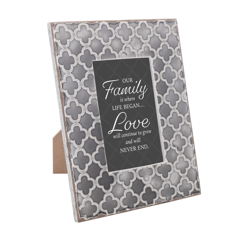Our Family Is Where Life Began 9.5 x 7.5 Embossed Grey Moroccan Frame