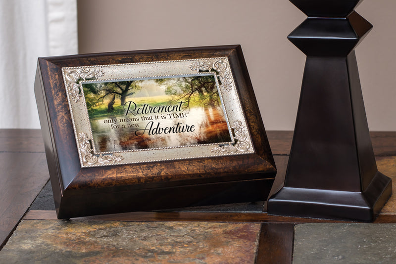 Cottage Garden Retirement Time for a New Adventure Burlwood Jewelry Music Box Plays Amazing Grace