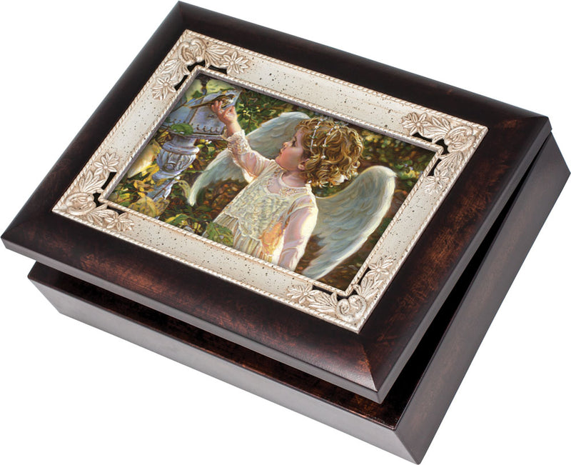 Painting of Child Angel in The Garden Burlwood Jewelry Music Box Plays Wind Beneath My Wings