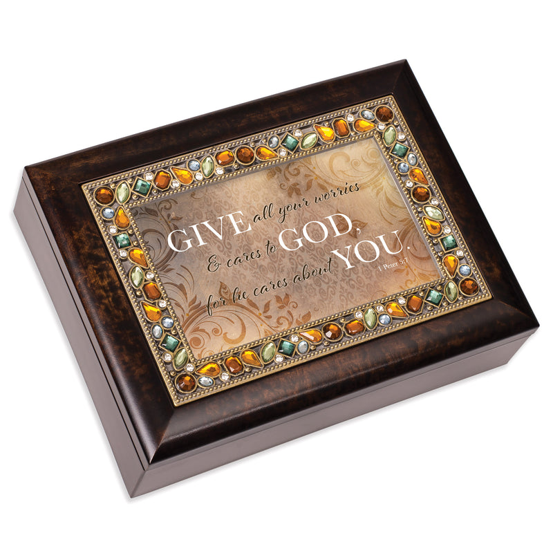 Give All Worries & Cares Amber Music Box Plays Amazing Grace