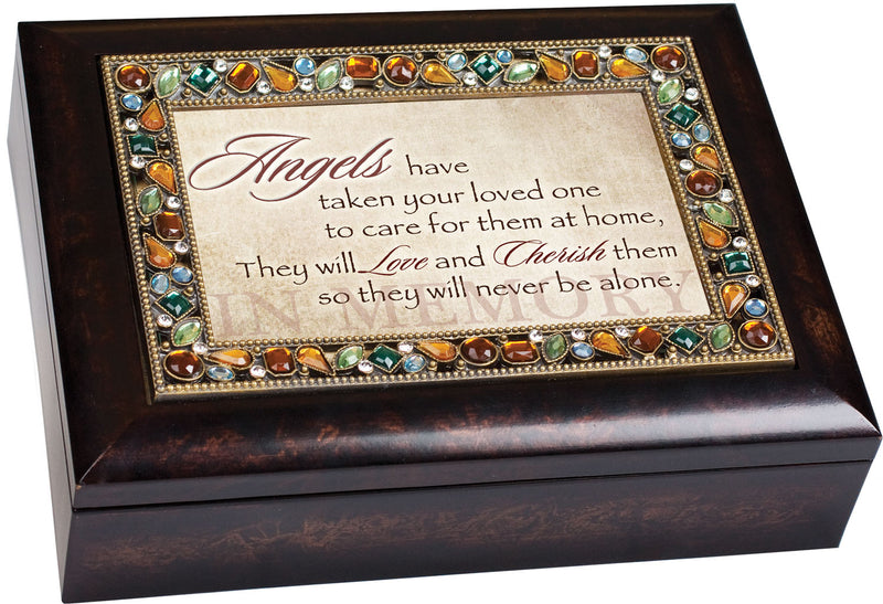 Cottage Garden Angels Care for Them at Home Sympathy Bereavement Jeweled Lid Musical Jewelry Box with Dark Burl Wood Finish - Plays On Eagle's Wings