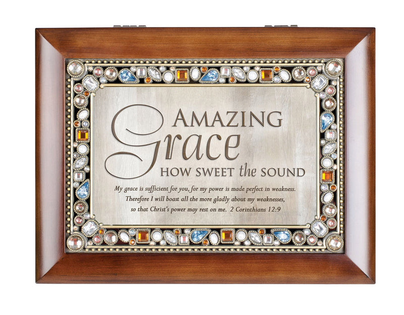 Cottage Garden Amazing Grace Walnut Wood Finish Jeweled Lid Jewelry Music Box Plays Tune Amazing Grace