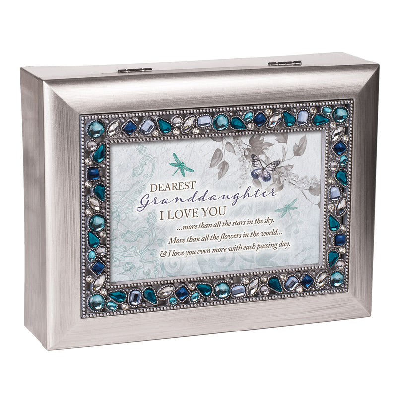 Granddaughter I Love You Brushed Silvertone Blue Jeweled Music Box Plays Wonderful World