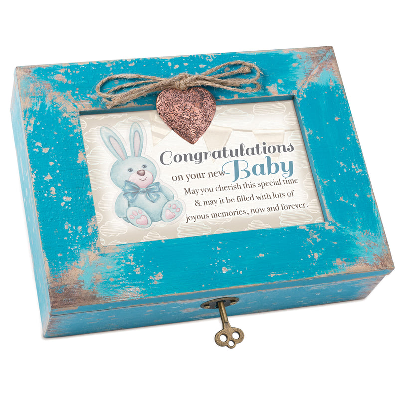 Cottage Garden Congratulations On Your Baby Teal Distressed Locket Music Box Plays You are My Sunshine