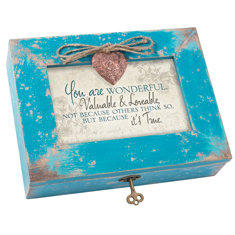 Cottage Garden You are Wonderful Valuable Lovable Teal Distressed Jewelry Music Box Plays You Light Up My Life