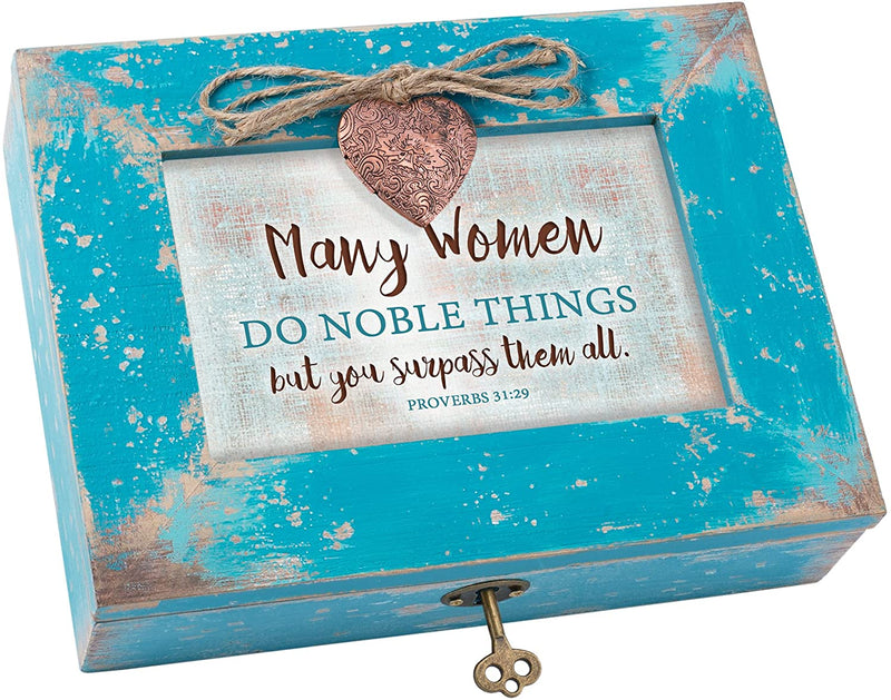 Cottage Garden Many Women Do Noble Things Teal Distressed Jewelry Music Box Plays Amazing Grace