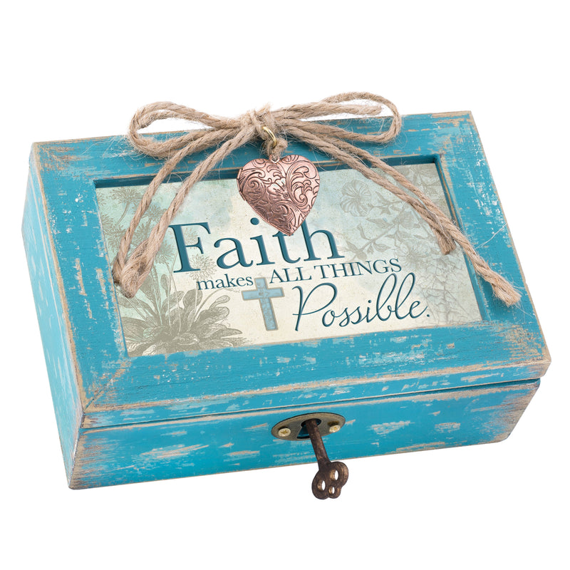 Faith Makes All Things Possible Teal Distressed Jewelry Music Box Plays Amazing Grace