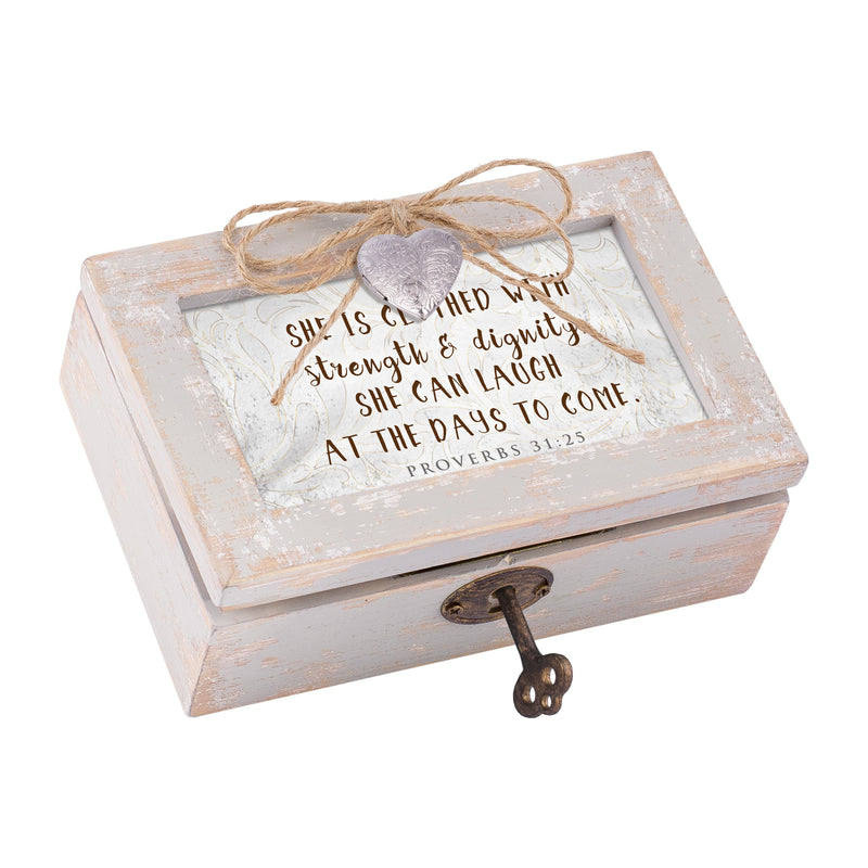 Cottage Garden She is Clothed with Strength Natural Taupe Jewelry Music Box Plays Amazing Grace