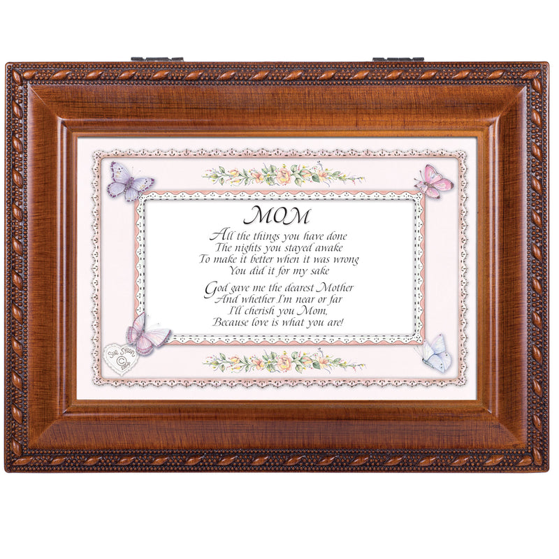 Mom Cherish You Woodgrain Rope Trim Jewelry Music Box Plays Wind Beneath My Wings