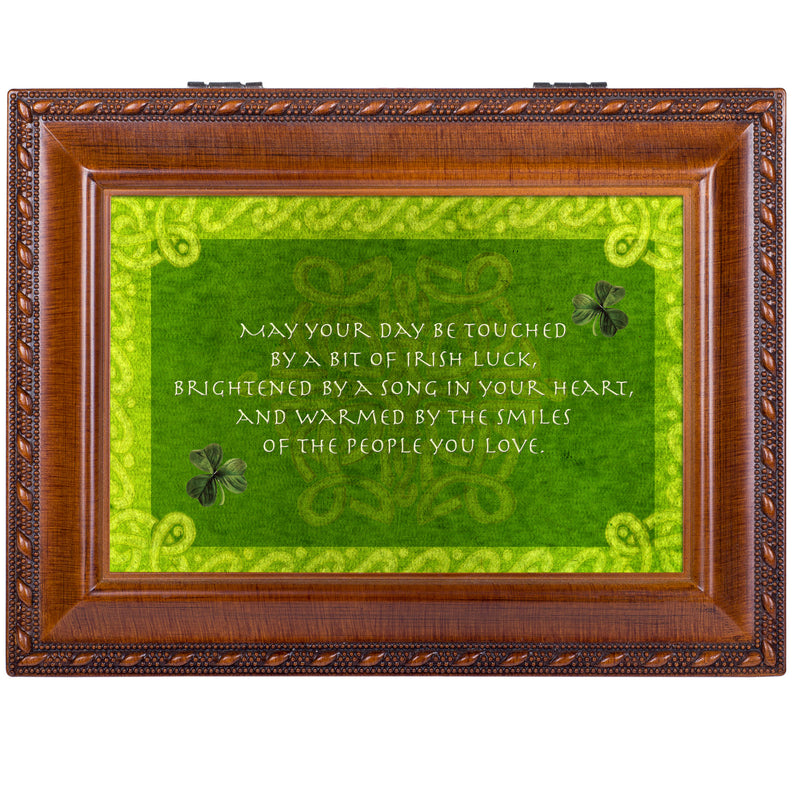 Cottage Garden Days Be Touched Bit of Irish Luck Woodgrain Rope Trim Jewelry Music Box Plays Irish Lullaby