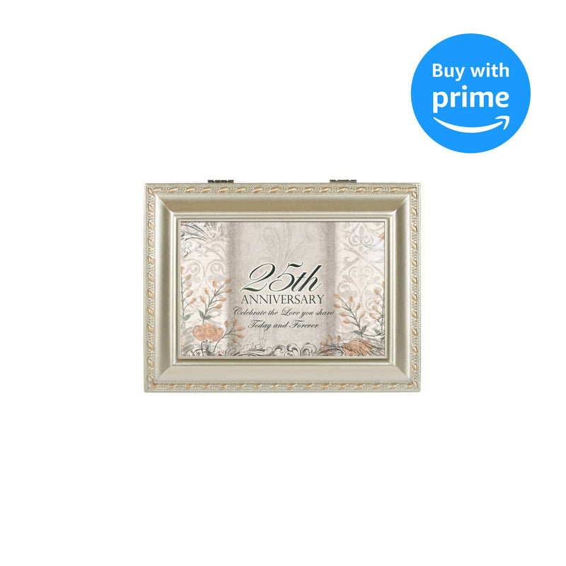 Cottage Garden 25th Anniversary Silvertone Rope Trim Jewelry Music Box Plays Unchained Melody