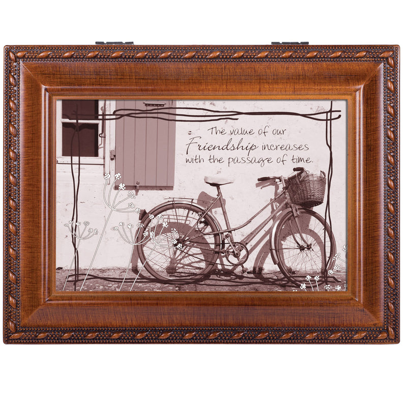 Cottage Garden Friendship Bicycle Woodgrain Rope Trim Music Box Plays That's What Friends are for