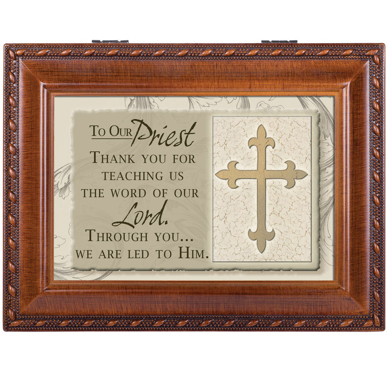 To Our Priest Woodgrain Inspirational Traditional Music Box Plays Ave Maria
