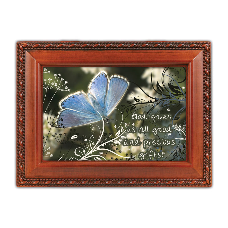 Cottage Garden God Gives Good Gifts Woodgrain Rope Trim Jewelry Music Box Plays Wind Beneath My Wings