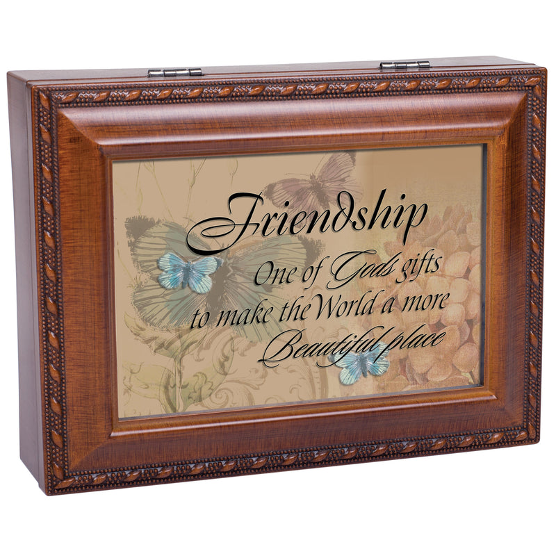 Cottage Garden Friendship Butterflies Woodgrain Rope Trim Music Box Plays That's What Friends are for