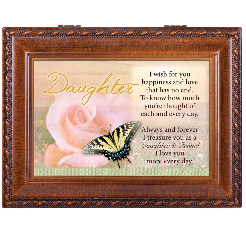 Cottage Garden Daughter I Wish Happiness Love Woodgrain Rope Trim Jewelry Music Box Plays Wonderful World