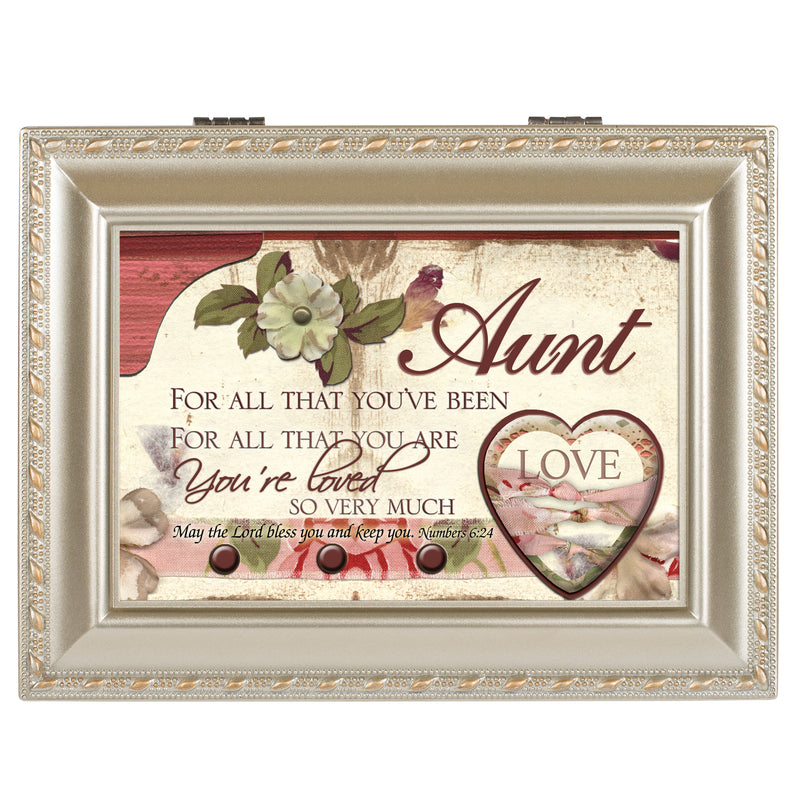 Cottage Garden Aunt All That You are Loved Very Silvertone Rope Trim Jewelry Music Box Plays Amazing Grace