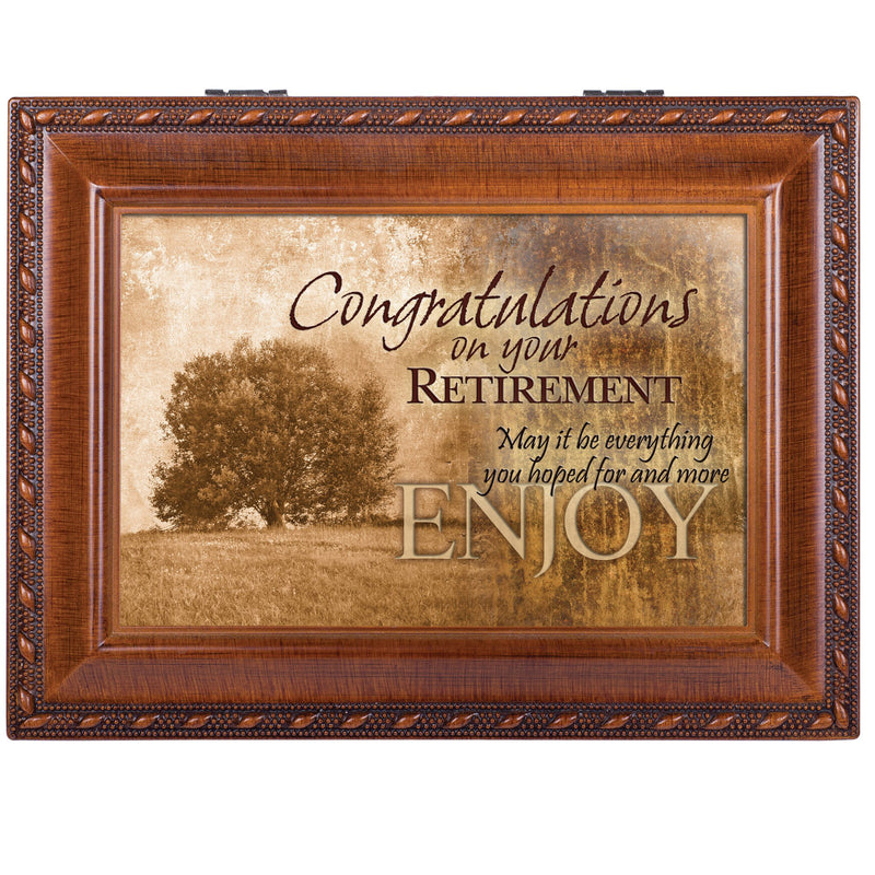Congrats On Your Retirement Enjoy Woodgrain Rope Trim Jewelry Music Box Plays Wonderful World