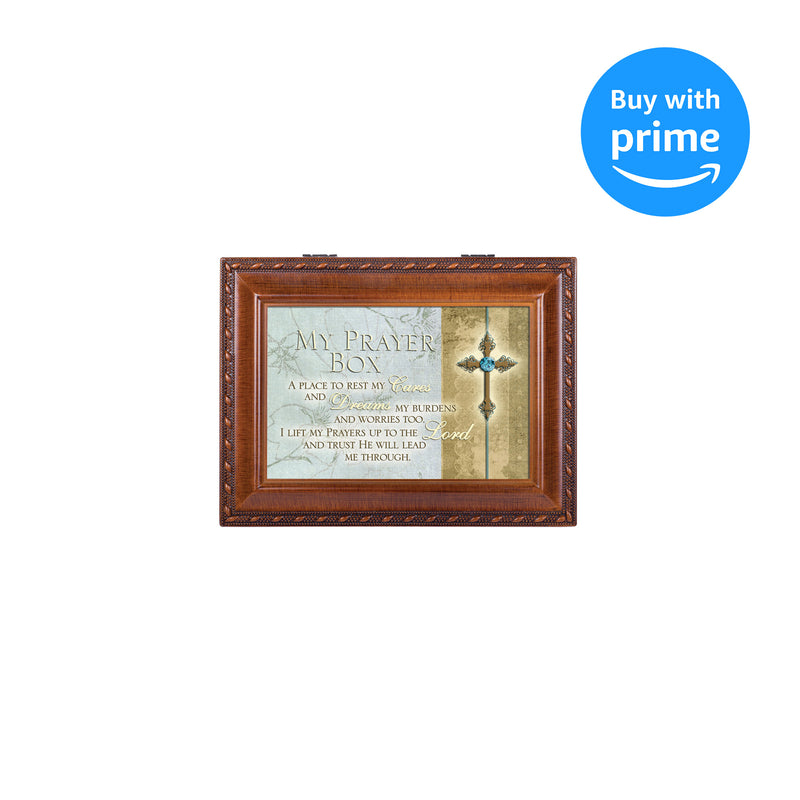 Cottage Garden My Prayer Box Place to Rest Cares Woodgrain Rope Trim Jewelry Music Box Plays Friend in Jesus