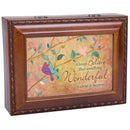 Cottage Garden Always Believe Woodgrain Rope Trim Jewelry Music Box Plays Wonderful World