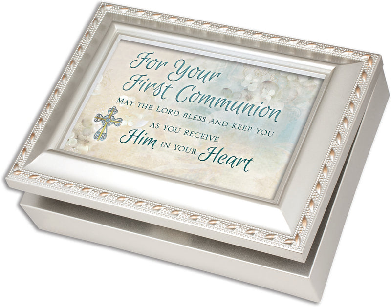 First Communion The Lord Bless Silvertone Rope Trim Jewelry Music Box Plays Amazing Grace